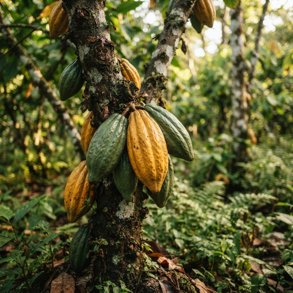 Ripe cocoa pods growing on a cacao tree