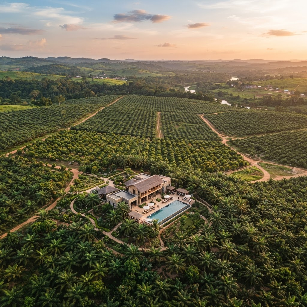Aerial view of the Eight Minds plantation estate and resort at golden hour