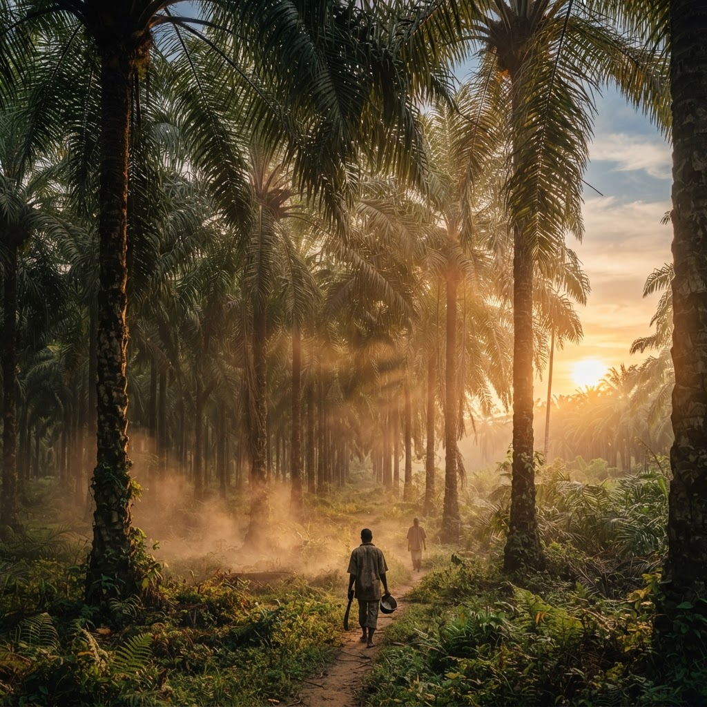 Sunlight streaking through a Nigerian oil palm plantation at golden hour