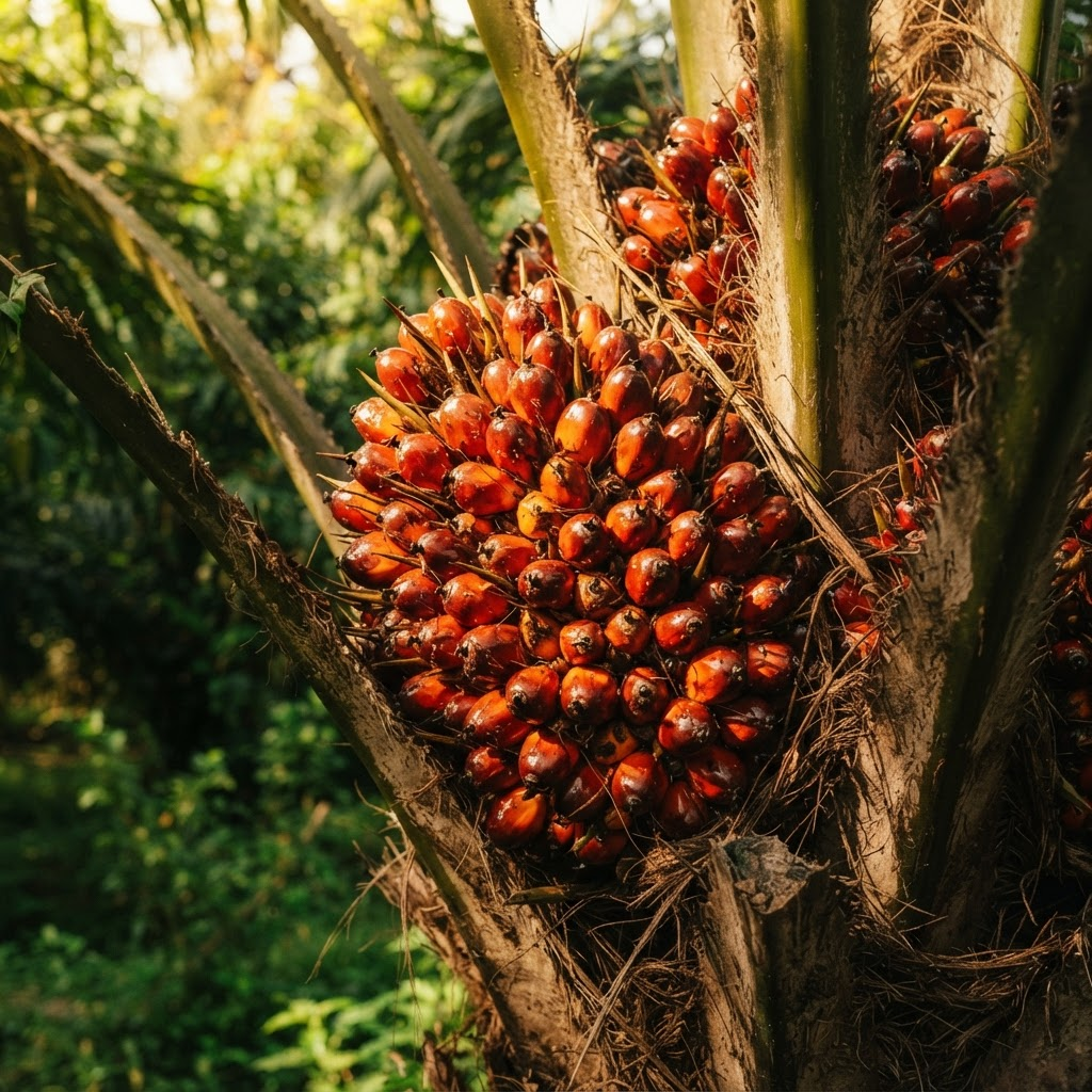 Ripe red-orange oil palm fruit bunches on the tree